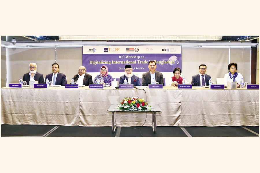 State Minister of Finance Waseqa Ayesha Khan, MP, (4th from left) participated as the chief guest in an ICC workshop on 'Digitalizing International Trade in Bangladesh' held in Dhaka on Monday. ICC Bangladesh President Mahbubur Rahman (middle); ADB Country Director Edimon Ginting (4th from right); ICCB Vice-President Naser Ezaz Bijoy (2nd from left); ICC Bangladesh Banking Commission Chairman Muhammad A. (Rumee) Ali (3rd from left); Dr Rupa Chanda, Director, Trade, Investment and Innovation Division, UNESCAP, (3rd from right); Iftekhar Alam, Regional Head, South & South East Asia International Islamic Trade Finance Corporation (ITFC) (2nd from right); Pamela Mar, Managing Director, Digital Standard Initiative (DSI) (extreme right); and ICCB Secretary General Ataur Rahman (extreme left); also seen in the picture.