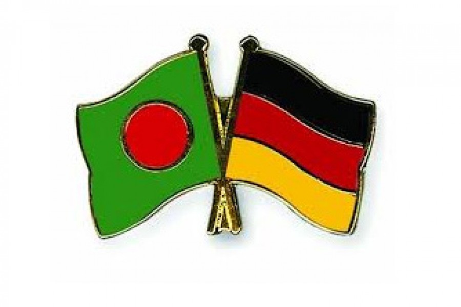 Flags of Bangladesh and Germany are seen cross-pinned in this photo symbolising friendship between the two nations