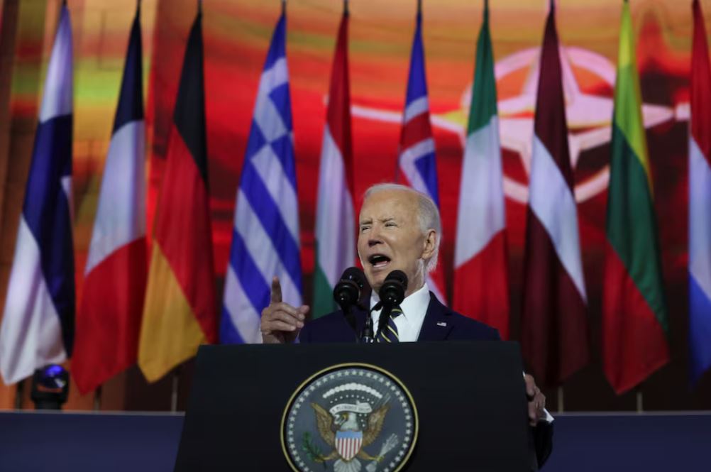U.S. President Joe Biden delivers remarks at a NATO event to commemorate the 75th anniversary of the alliance, in Washington, U.S., July 9, 2024. REUTERS/Leah Millis