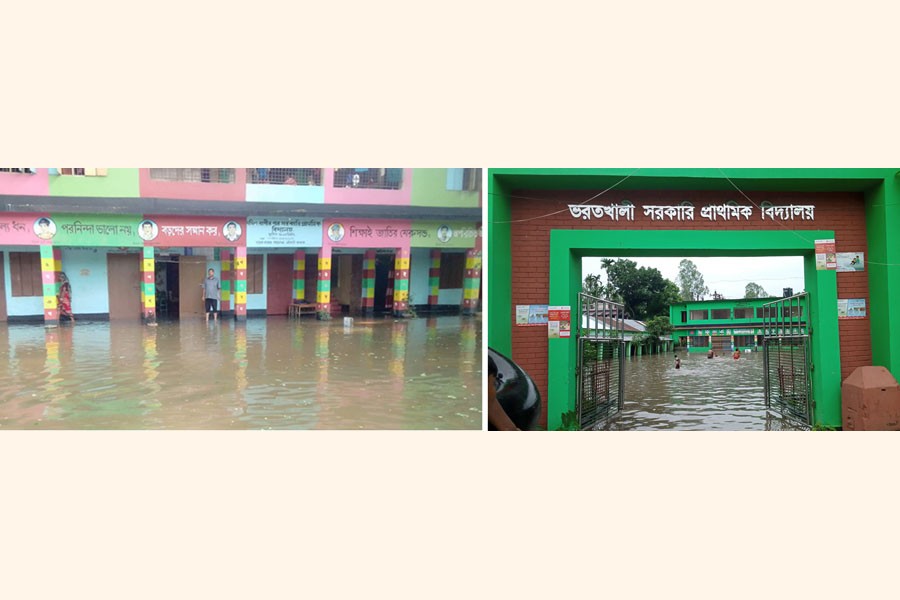 The premises of one flood-affected primary school in Barlekha upazila of Moulvibazar district (left) and another in Gaibandha district