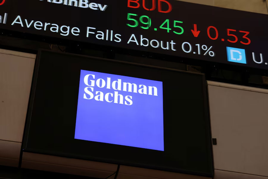 The logo for Goldman Sachs is seen on the trading floor at the New York Stock Exchange (NYSE) in New York City, New York, U.S., November 17, 2021.