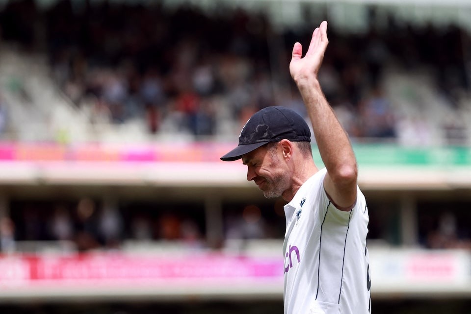 England's James Anderson reacts after the match against West Indies, his final test match, at Lord's Cricket Ground, London, Britain on July 12, 2024 — Action Images via Reuters