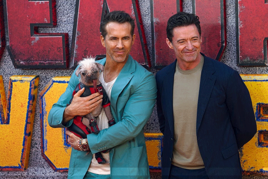 Hugh Jackman, Ryan Reynolds and Peggy the dog attend a 'Deadpool & Wolverine' UK sneak peek event in London, Britain, July 11, 2024.