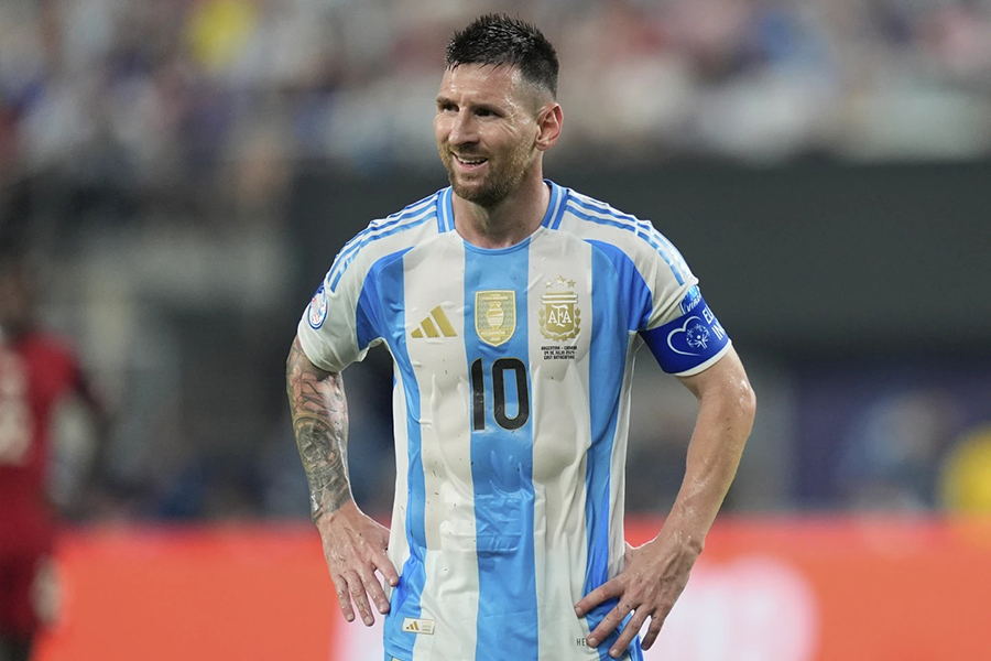 Argentina's Lionel Messi gestures during a Copa America semifinal soccer match against Canada in East Rutherford, NJ on Tuesday, July 9, 2024 — AP photo