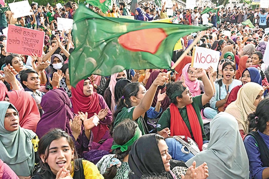 Students and job seekers at a demonstration in Dhaka on July 7 protesting the reinstatement of the quota system in public job