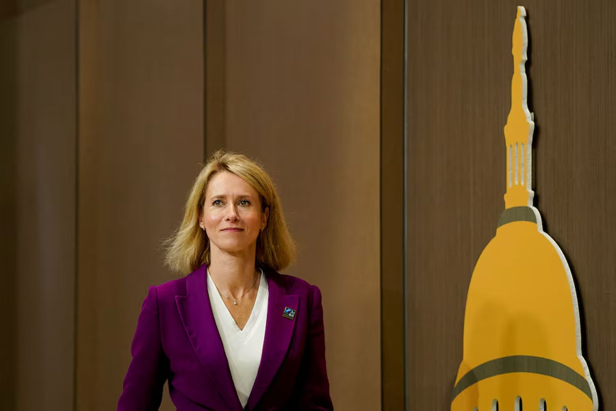 Estonian Prime Minister Kaja Kallas walks to deliver remarks at NATO's 75th anniversary summit in Washington, U.S., July 10, 2024.