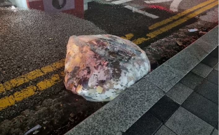 A plastic bag carrying various objects including what appeared to be trash that crossed inter-Korean border with a balloon believed to have been sent by North Korea, is pictured in Seoul, in this picture provided and released by the Defense Ministry, June 2, 2024. The Defense Ministry/Handout via REUTERS/ File Photo