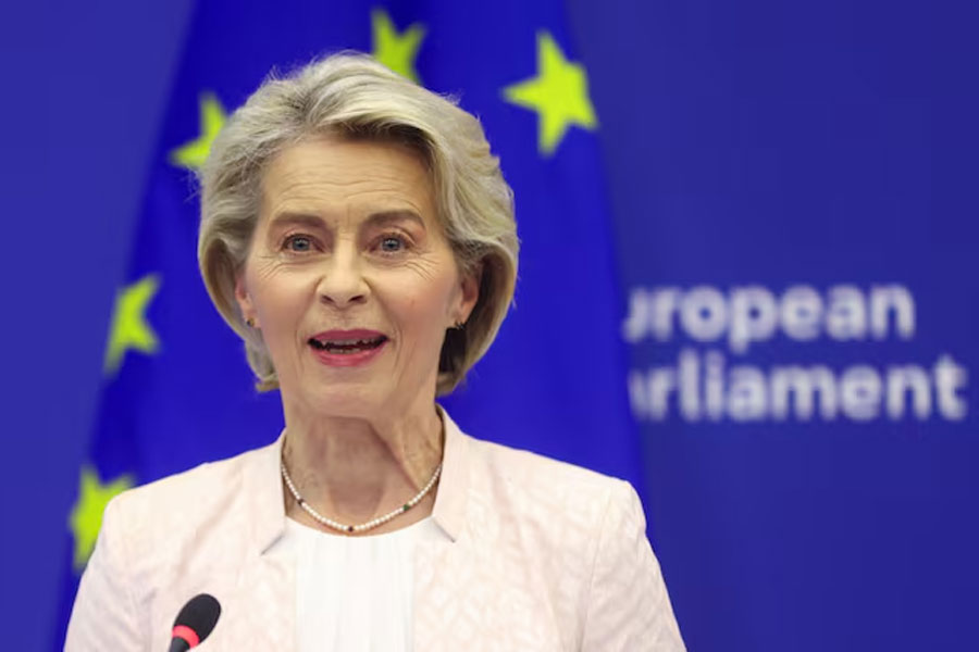 Ursula von der Leyen attends a press conference after her re-election for a second term as President of the European Commission, at the European Parliament in Strasbourg, France, July 18, 2024.