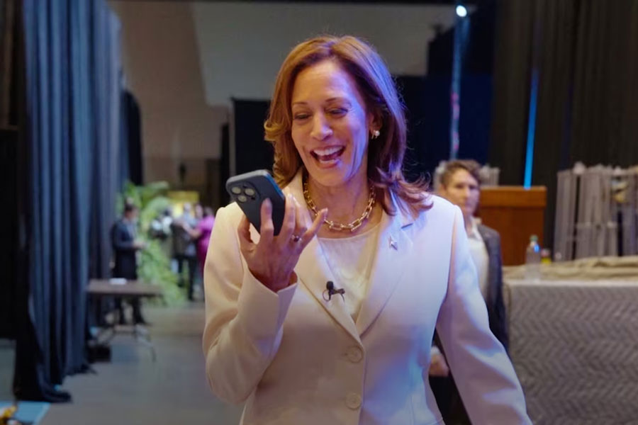 U.S. Vice President Kamala Harris speaks on the phone with former President Barack Obama and former first lady Michelle Obama as the Obamas endorse Harris as the Democratic presidential candidate in this still image taken from a video released on July 26, 2024.