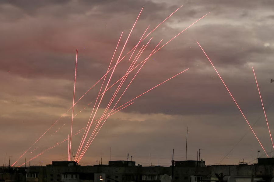 Paths of bullets are seen during a Russian drone strike, amid Russia’s attack on Ukraine, in Kherson, Ukraine July 26, 2024.