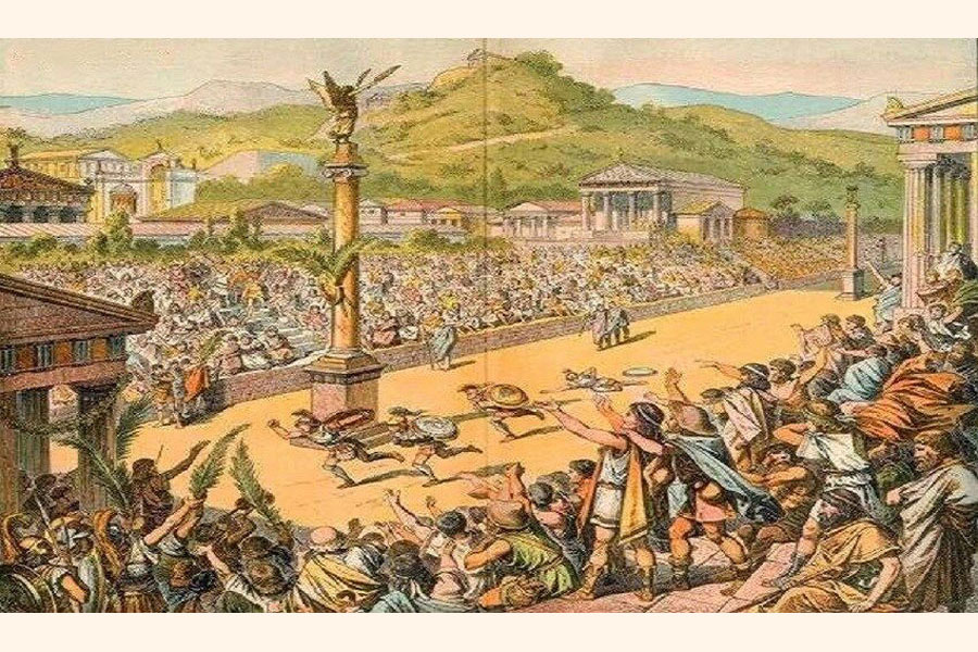 An artist's depiction of a view of ancient Olympic Game in Greece