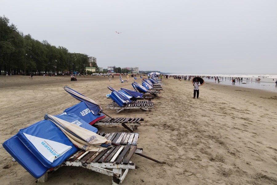 Photo shows chairs on the Cox's Bazar sea beach lie empty in almost a complete absence of tourists during the ongoing shutdown enforced by the government over the student unrest