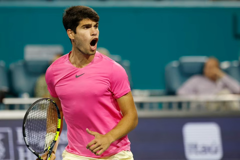 Carlos Alcaraz (ESP) reacts after winning the first set against Taylor Fritz (USA) (not pictured) in a men's singles quarterfinal on day eleven of the Miami Open at Hard Rock Stadium in Miami, Florida, US on March 30, 2023 — USA TODAY Sports via Reuters