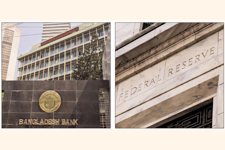 Head quarters of Bangladesh Bank in Dhaka (L) and Federal Reserve in Washington DC (R)