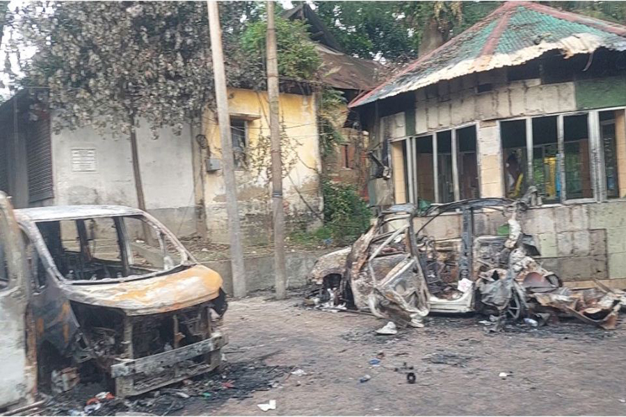 A vandalised police station in Feni