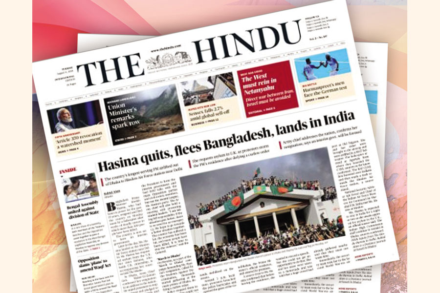 The front page of leading Indian daily The Hindu on August 6 covering Hasina’s fall
