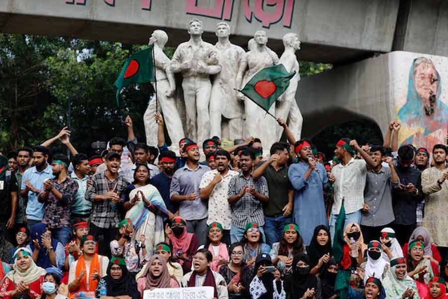 Activists of the Anti-Discriminatory Student Movement gather at the University of Dhaka’s Teacher Student Center (TSC), demanding the capital punishment for Bangladeshi former Prime Minister Sheikh Hasina for the deaths of students during anti-quota protests, in Dhaka, Bangladesh, August 13, 2024.