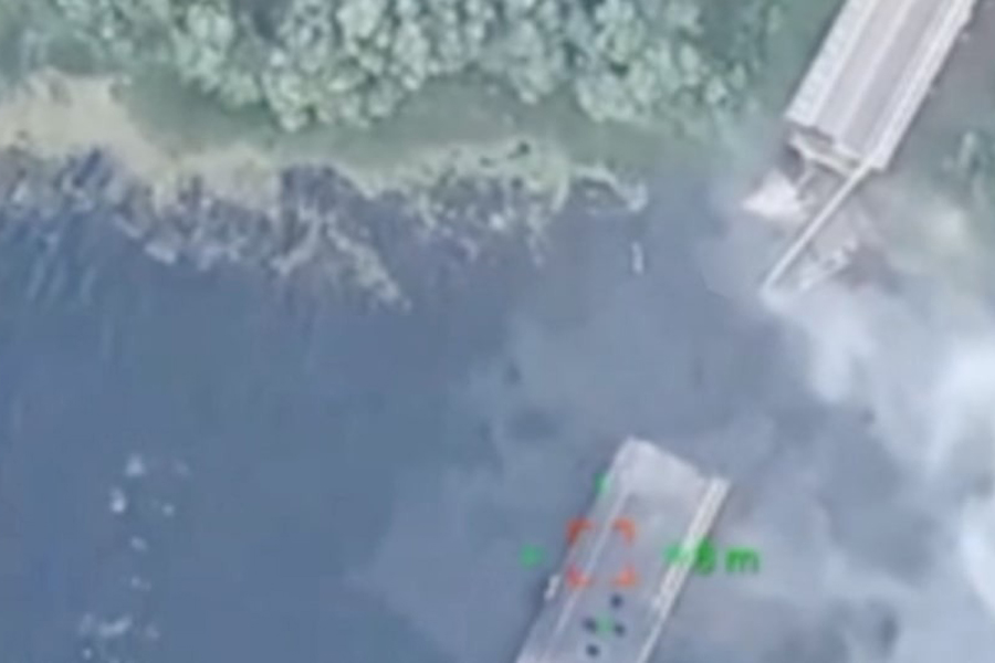 A view of a damaged bridge over the Seym river in the Glushkovo district, following a Ukrainian strike in the Kursk region, Russia, in this still image taken from a social media video released on August 16, 2024.