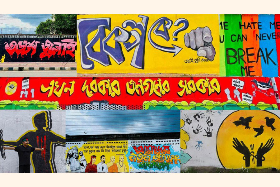 A wall painted by students in Dhaka reflects the anti-discrimination movement's core demands