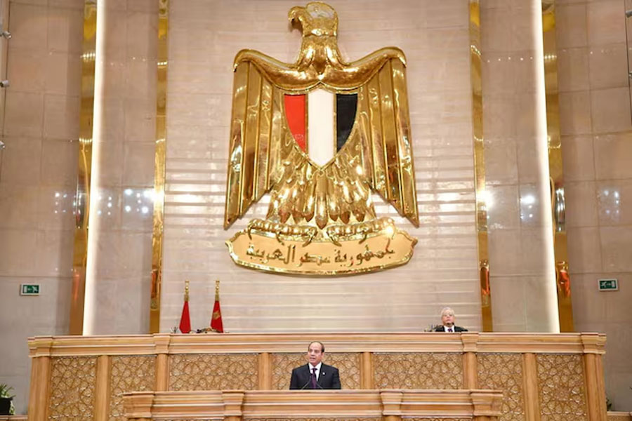 Egyptian President Abdel Fattah al-Sisi speaks during his swearing for his third term in a ceremony at the new Egyptian Parliament building in the New Administrative Capital (NAC) in the east of Cairo, Egypt April 2, 2024.
