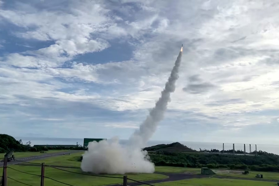 A standard missile fires off a Patriot PAC-2 surface-to-air missile system during a military drill in Pingtung, Taiwan August 20, 2024.