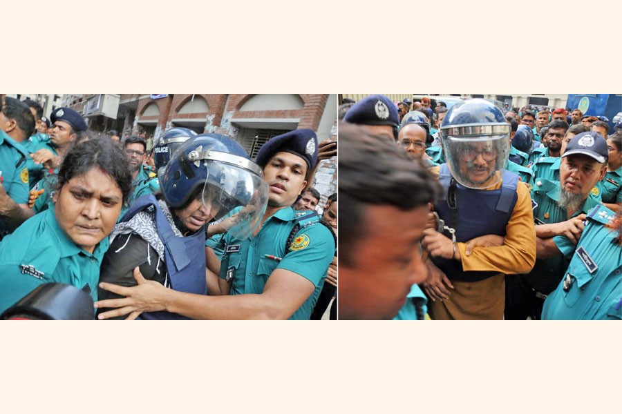 (Left) Former social welfare minister Dr Dipu Moni and (right) former deputy minister for youth and sports Arif Khan Joy were taken to the Dhaka Chief Metropolitan Magistrate (CMM) Court on Tuesday for remand hearing in a grocer murder case