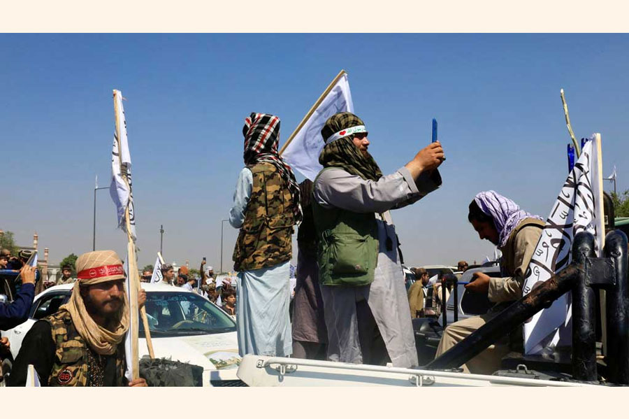 Members of the Taliban participate in a rally to mark the third anniversary of the fall of Kabul, in Kabul, Afghanistan, Aug 14, 2024.