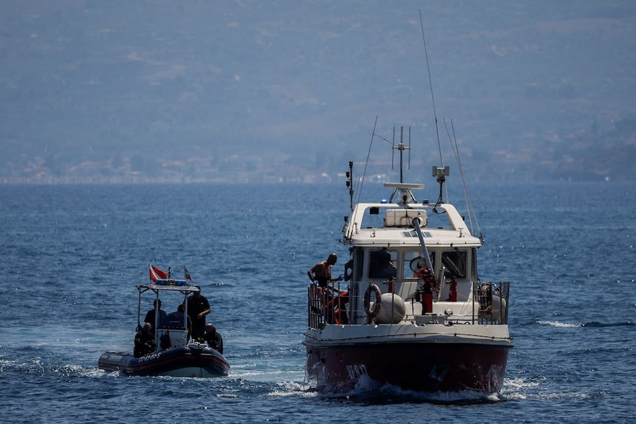 A rescue boat with rescue personnel on board conducts search operations for British tech entrepreneur Mike Lynch’s daughter Hannah Lynch, at the scene where a luxury yacht sank, off the coast of Porticello, near the Sicilian city of Palermo, Italy, August 23, 2024.