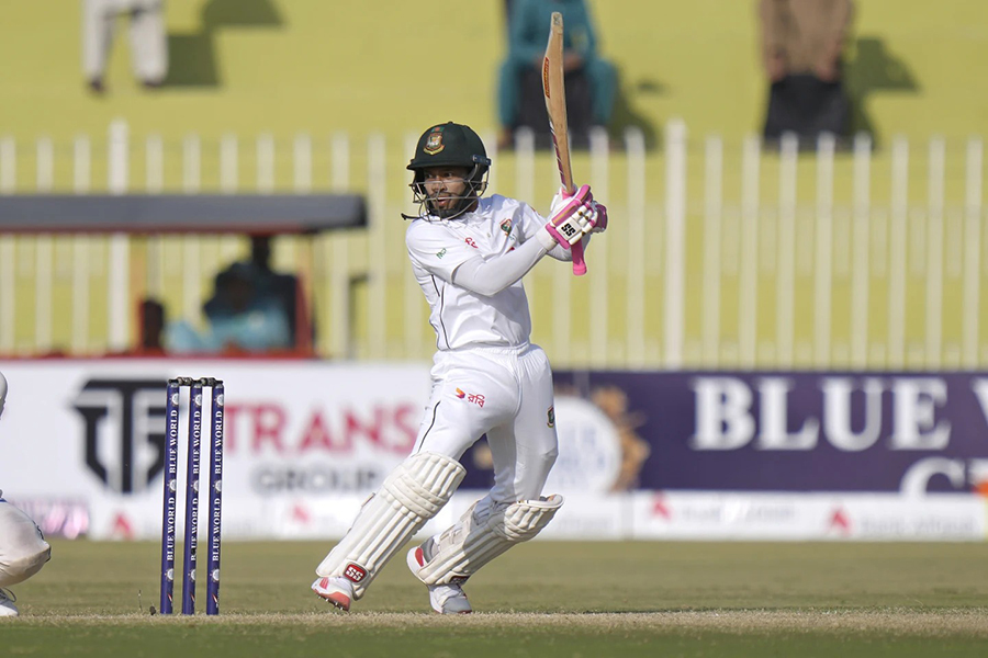 Bangladesh's Mushfiqur Rahim follows the ball after playing a shot for boundary during the third day of first cricket test match between Pakistan and Bangladesh, in Rawalpindi, Pakistan on Friday, August 23, 2024 — AP photo