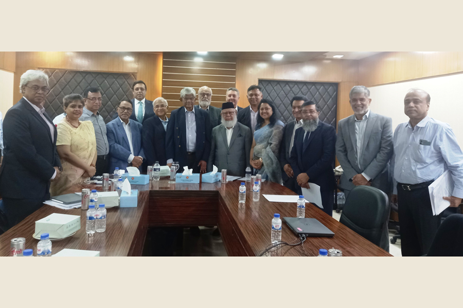 ICC Bangladesh President Mahbubur Rahman (7th from right) along with ICCB Executive Board Members and Country Heads of top three global apparel buyers had a meeting with Dr Salehuddin Ahmed (7th from left), Adviser In-Charge of the Ministries of Commerce and Finance, on Tuesday. Commerce Secretary Md Selim Uddin (3rd from left) and other officials were also present.