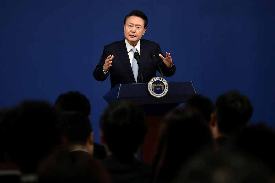 South Korean President Yoon Suk-yeol delivers a speech during his briefing on state affairs at a press conference at the presidential office in Seoul, South Korea, August 29, 2024.