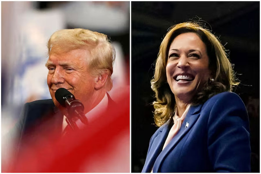 A combination picture shows Republican presidential nominee and former U.S. President Donald Trump reacting during a campaign rally held with Republican vice presidential nominee Senator JD Vance, in Atlanta, Georgia, U.S., August 3, 2024., and U.S. Vice President and Democratic presidential candidate Kamala Harris reacting as she holds a campaign rally with her newly chosen vice presidential running mate Minnesota Governor Tim Walz in Philadelphia, Pennsylvania, U.S., August 6, 2024.