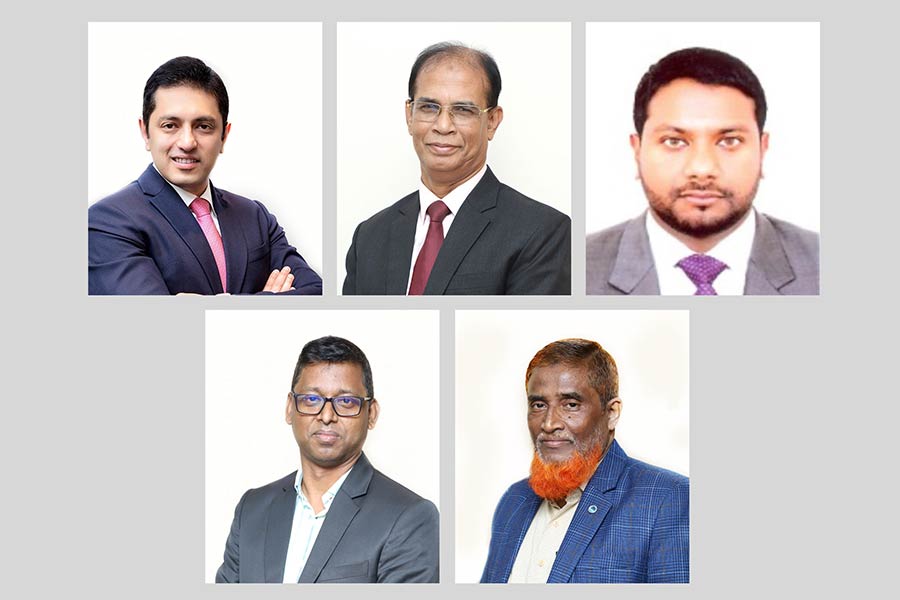 (Top left to right) Newly elected Chairman of UCB Mr. Sharif Zahir, Vice-Chairman Mr. Md. Shazzad Hossoin, Executive Committee Chairman Mr. Md. Tanvir Khan, (bottom left to right) Audit Committee Chairman Mr. Obaidur Rahman FCA and Risk Management Committee Chairman Mr. Md. Yusuf Ali.