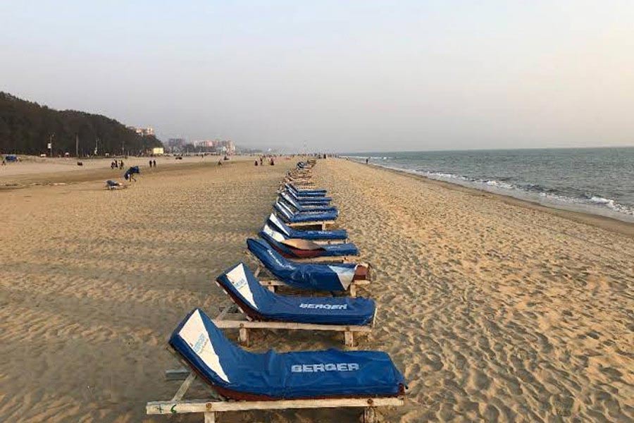 Photo shows empty resting beach chairs along the Cox's Bazar beach —FE Photo