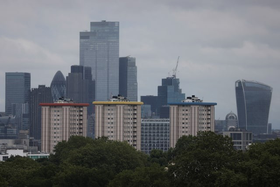 A view of the City of London’s skyline from Primrose Hill in London, Britain, July 25, 2024.