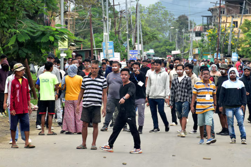 Internally displaced persons (IDPs), who are living in relief camps, react during a protest rally demanding their resettlement in their native places, in Imphal, Manipur, India, August 1, 2024. REUTERS/Stringer/File Photo