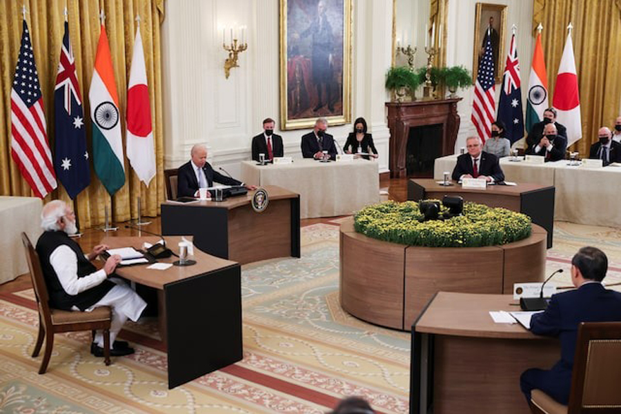 US President Joe Biden hosts a 'Quad nations' meeting at the Leaders' Summit of the Quadrilateral Framework with India's Prime Minister Narendra Modi, Australia's Prime Minister Scott Morrison and Japan's Prime Minister Yoshihide Suga in the East Room at the White House in Washington, US, September 24, 2021.