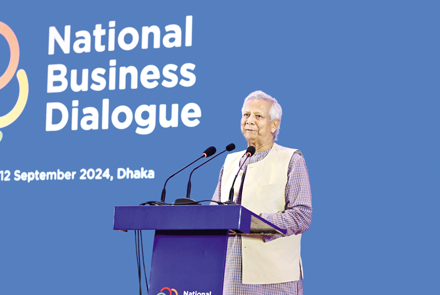 Chief Adviser Dr Muhammad Yunus addressing the 'National Business Dialogue' hosted by the International Chamber of Commerce, Bangladesh (ICCB) at InterContinental Dhaka in the capital on Thursday. — PID photo