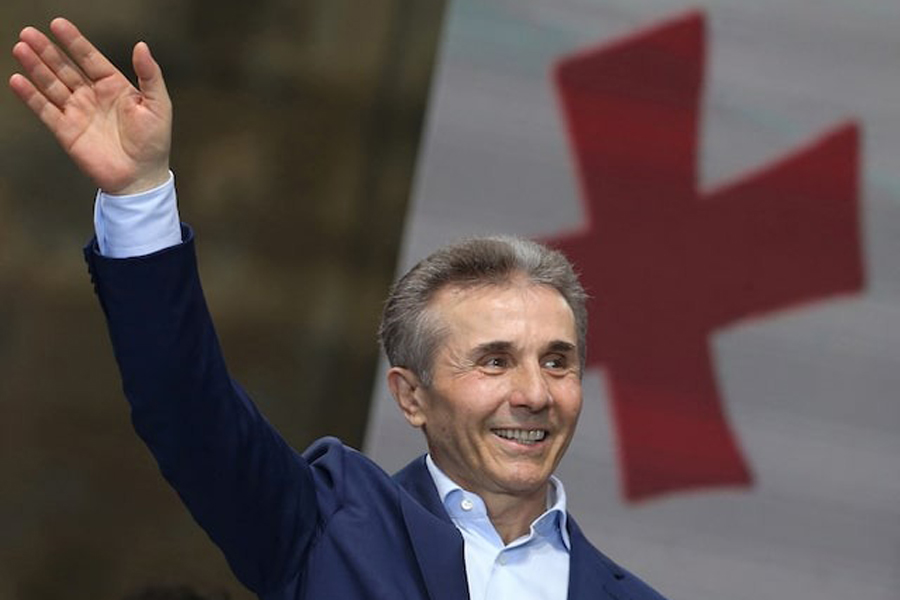 Bidzina Ivanishvili, former prime minister and founder of the Georgian Dream party, waves during a pro-government rally in support of a bill on “foreign agents” in Tbilisi, Georgia April 29, 2024.