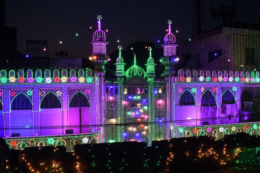 Photo taken on September 28, 2023 shows a mosque illuminated to celebrate Eid-e-Milad-un-Nabi, in Lahore, Pakistan