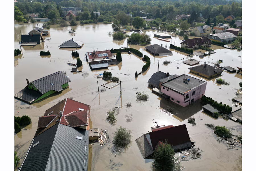 A drone view shows the flood-affected area following heavy rainfall in Ostrava, Czech Republic, September 17, 2024.