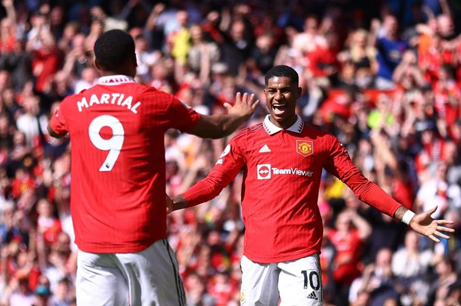 Manchester United's Anthony Martial celebrates with Marcus Rashford after scoring their second goal in Premier League match against Everton at Old Trafford in Manchester, Britain on April 8, 2023 — Reuters photo