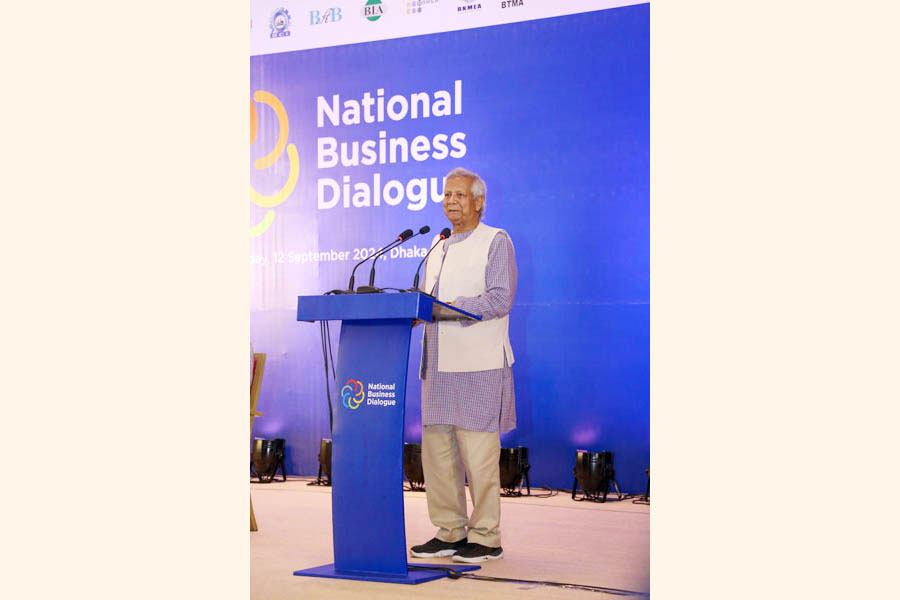 Chief Adviser Dr Muhammad Yunus is delivering his speech at the National Business Dialogue, jointly organised by ICC Bangladesh and 15 national trade organisations in Dhaka on September 12, 2024