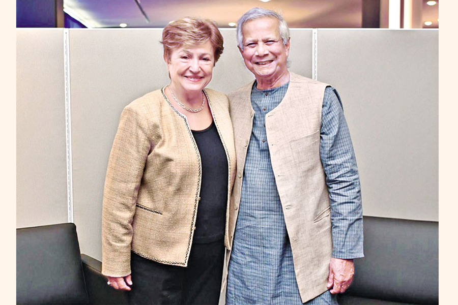IMF Managing Director Kristalina Georgieva and Chief Adviser of Interim Government of Bangladesh Prof Muhammad Yunus meet on the sidelines of the UNGA in New York on Tuesday — PID