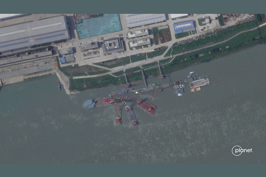 A series of satellite images from Planet Labs from June appear to show cranes at the Wuchang shipyard in Wuhan Shi, China, June 15, 2024.