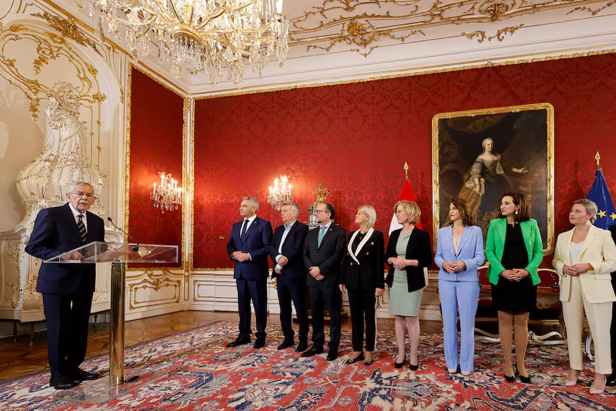 Austrian President Alexander Van der Bellen speaks as he accepts the outgoing conservative-led government's formal resignation after Sunday's parliamentary election and asks it to continue in a caretaker capacity until a new ruling coalition is assembled in Vienna, Austria, October 2, 2024.