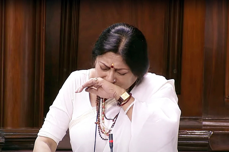 Bharatiya Janata Party MP Roopa Ganguly gets emotional in Rajya Sabha while speaking on Birbhum violence that claimed eight lives in West Bengal, in New Delhi on Friday.