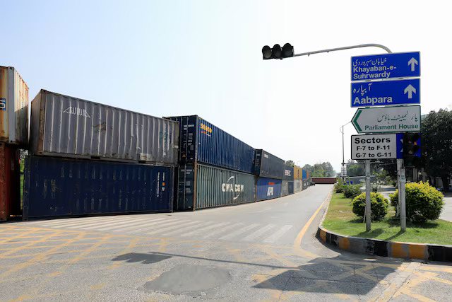 A view of shipping containers used to prevent an anti-government rally by supporters of Pakistani jailed former PM Khan, in Islamabad A view of shipping containers used to block the area leading towards the Parliament House, to prevent an anti-government rally by supporters of Pakistani jailed former Prime Minister Imran Khan, in Islamabad, Pakistan on October 4, 2024 — Reuters photo