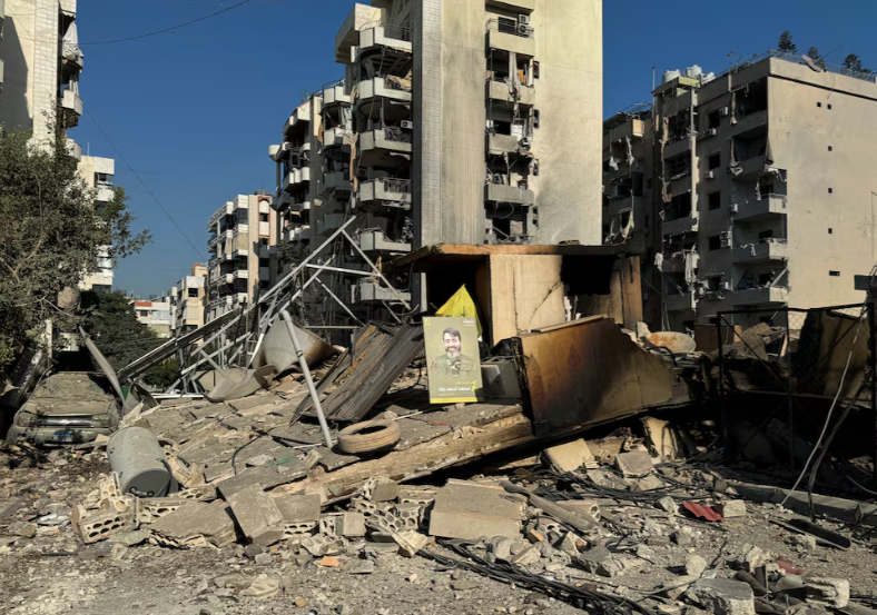 A view shows a damaged site in the aftermath of Israeli strikes on Beirut's southern suburbs, amid the ongoing hostilities between Hezbollah and Israeli forces, Lebanon October 8, 2024. REUTERS/Ahmad Al-Kerdi