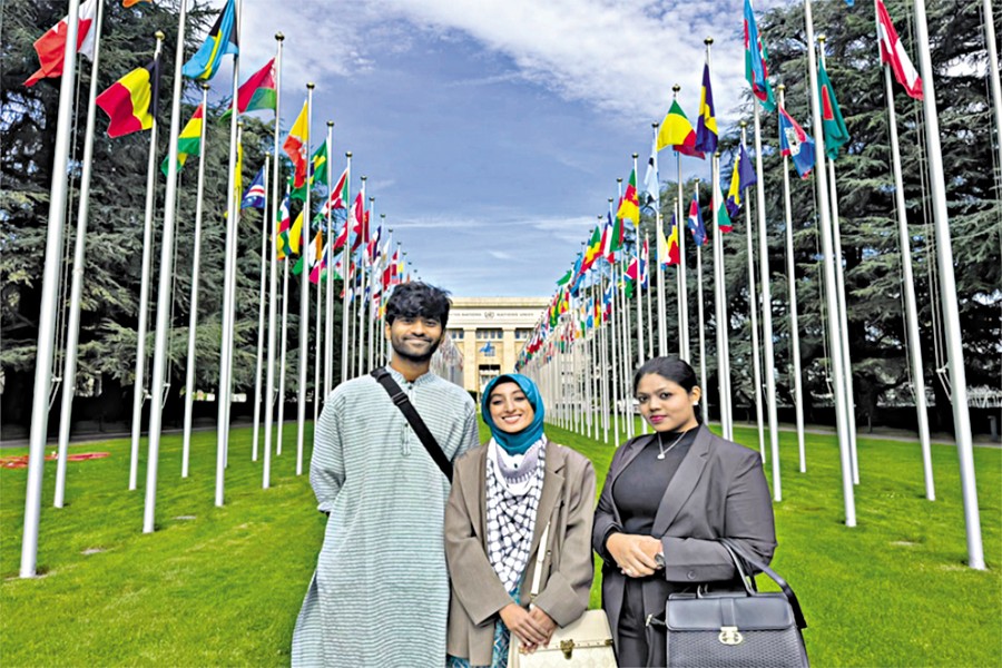 (From the left) Meghmallar Bose, Anika Tahsina, and Nusrat Tabassum represented Bangladeshi youths at the 57th UN Human Rights Council Session held in Geneva recently